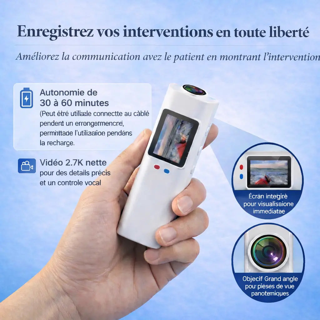 [locale:fr] Enregistrez vos interventions en toute liberté — 30–60 min d'autonomie, vidéo 2.7K, écran intégré et objectif grand angle
