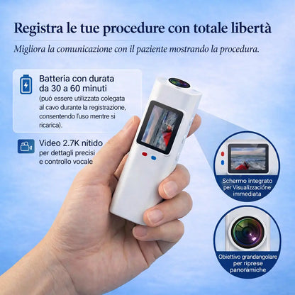 [locale:it] Registra le tue procedure con totale libertà — batteria 30–60 min, video 2.7K, schermo integrato e obiettivo grandangolare