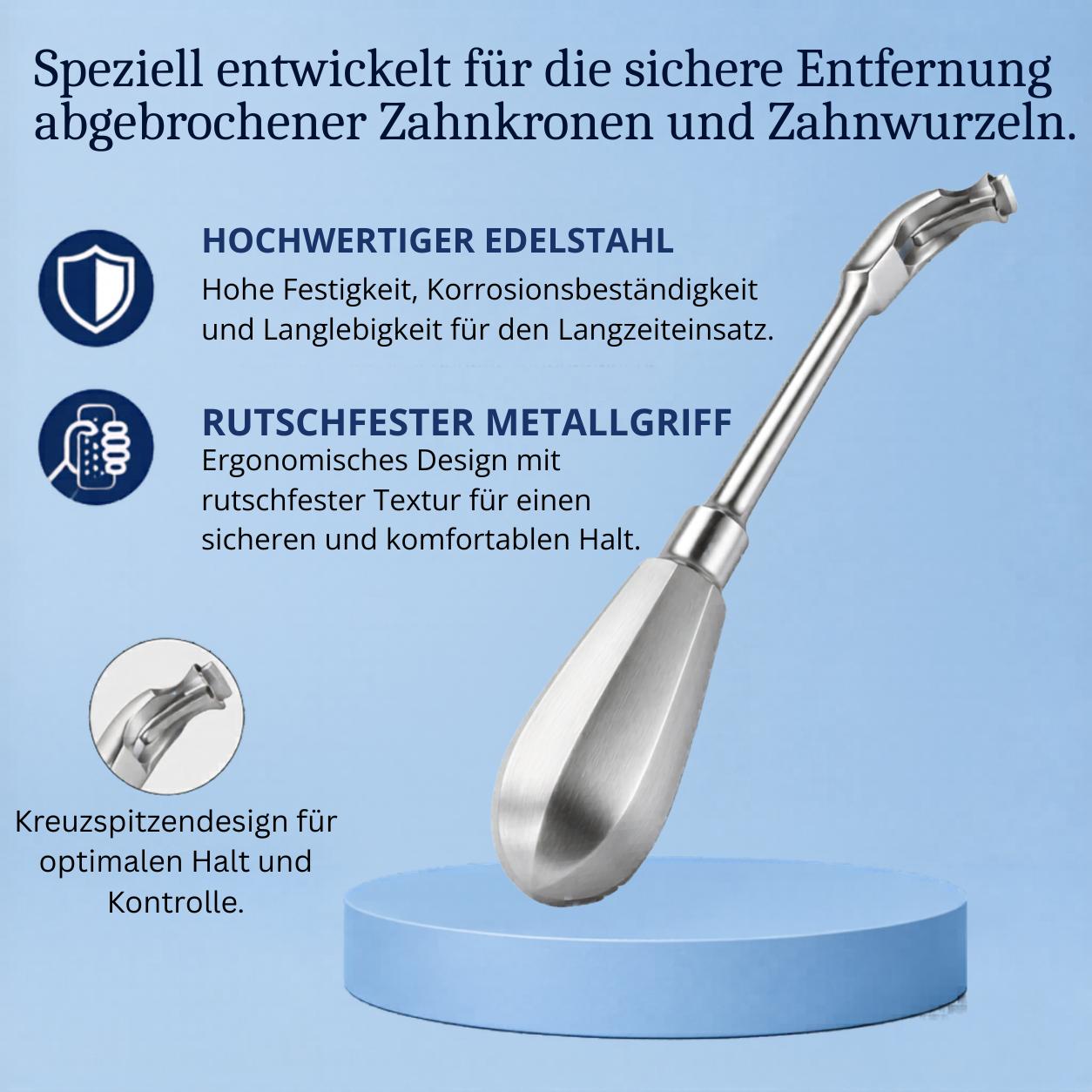 Dentaler Kronen- und Wurzelextraktor: Edelstahl, rutschfester Griff und Kreuzspitze