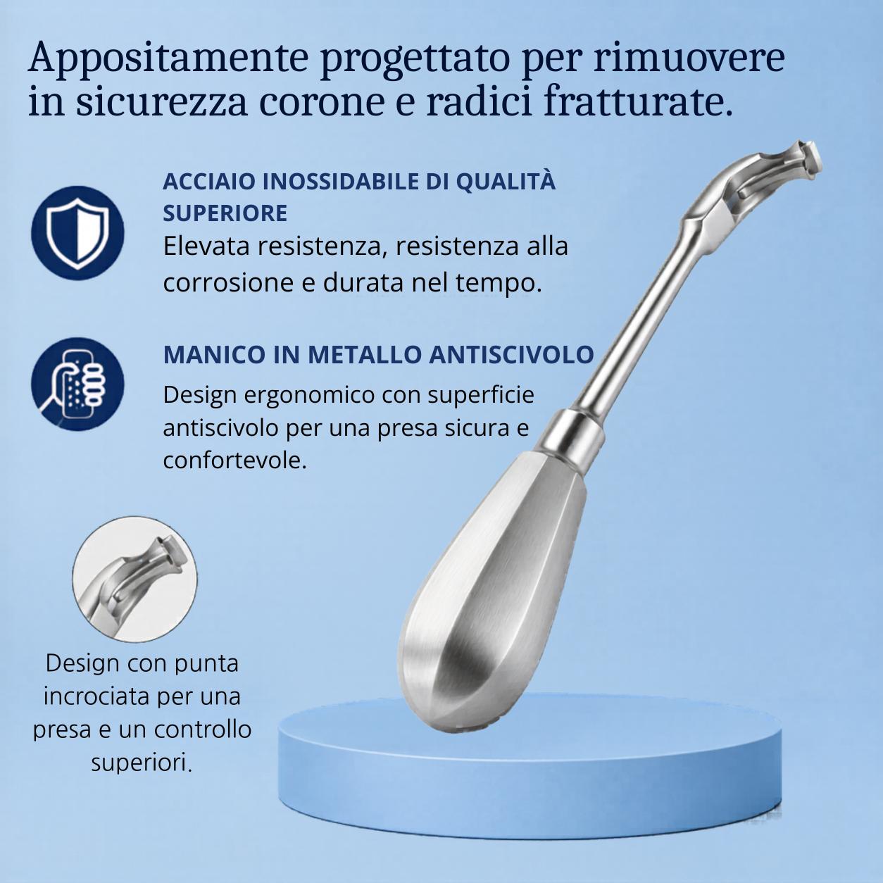 Estrattore dentale di corone e radici: acciaio inox, manico antiscivolo e punta incrociata